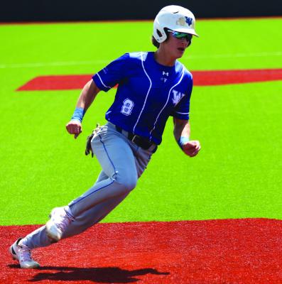 Windthorst's Kasen Wiles rounds third base in the Trojans' 4-3 loss to Era in Game 3 of the Area Round on Saturday, May 11, in Bowie. Photo/Landon