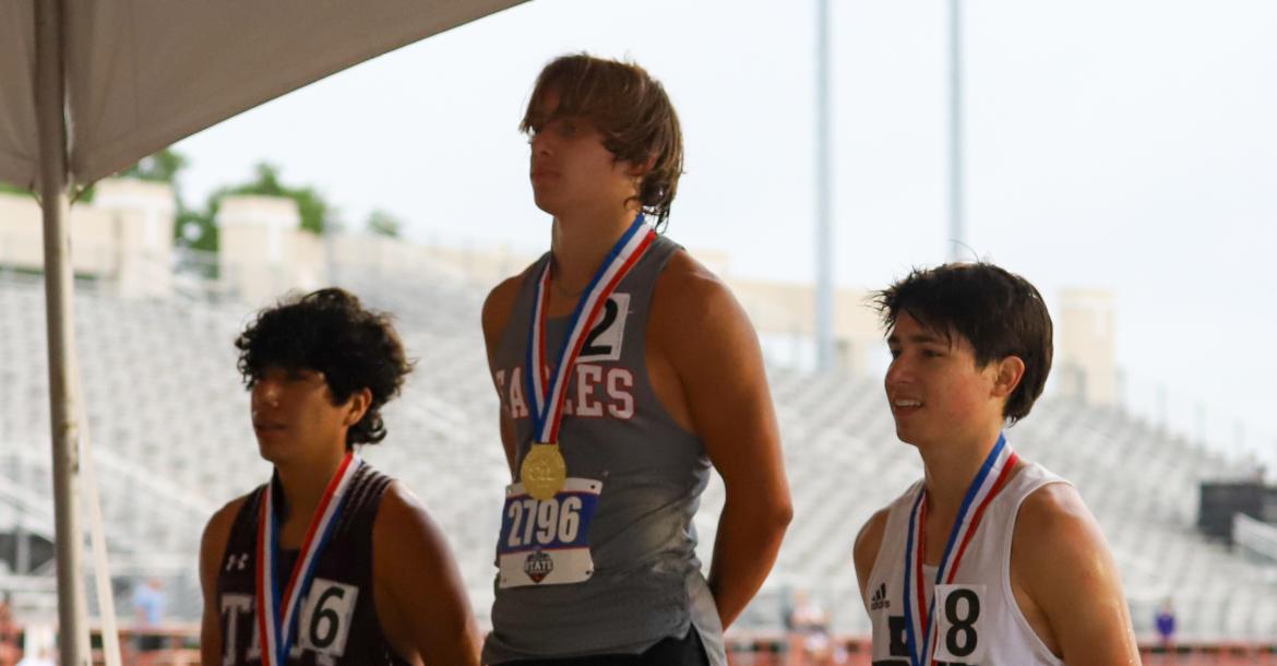 Holliday's Noah Strohman receives his first gold medal at the 2024 UIL State Track & Field Meet