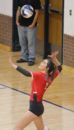 Sophomore Morgan Bodde serves up an ace in the second set of their regional semifinal match with Brownfield on Tuesday, Nov. 10, in Tuscola.