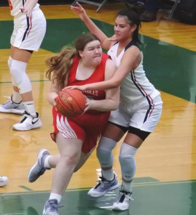 Holliday senior Abby Turner drives to the hoop in the fourth quarter of the Lady Eagles’ 48-32 loss to Jim Ned in the area round on Saturday, Feb. 20, in Breckenridge. Photo/Will Edwards