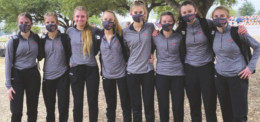 Lady Eagles Cross Country team gets a silver medal at UIL XC State Championships held in Round Rock last Monday. Pictured L to R: Sarah Southard, Hannah Spears, Kynzee Jackson, Simone Mouras, Kyla Coheley, Jaycee Lyons, Kenna Wood, Bailee Bowers Courtesy photo/Glenn Griffin