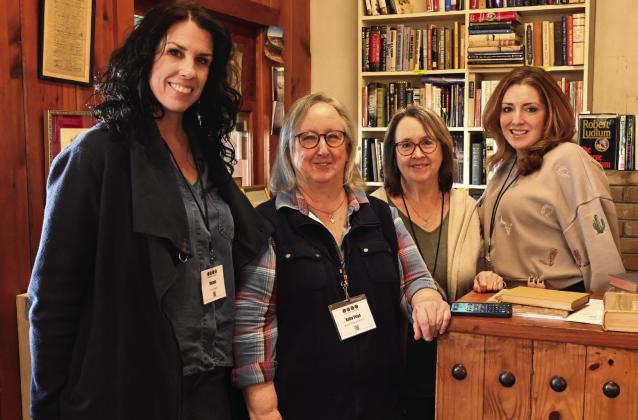 As the preview opening weekend comes to a close on Sunday afternoon, LMLC managing director Kathy Floyd (second from left) gathers with volunteers Melanie Ferguson (Dallas), Peggy Carrol (Wichita Falls), and Rachel Williams (Dallas) to discuss the highlights of the event. Photo/Jenny Schroeder