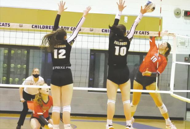Senior Bree Zellers goes up for a kill in the first set of Holliday’s regional final loss to No. 1 Bushland on Saturday, Nov. 14, in Childress. Photo/Will Edwards