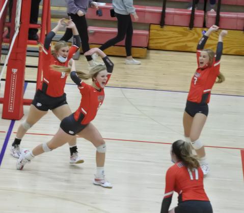 The Lady Eagles celebrate a block in the second set of Holliday’s 3-1 win over Wall in the Region I-3A area round on Tuesday, Nov. 3, in Tuscola.