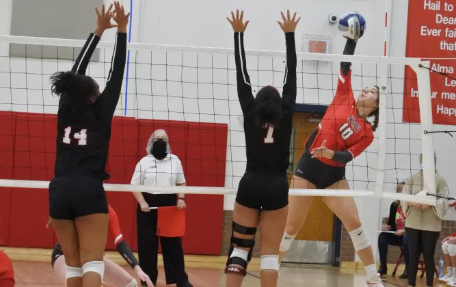 Senior Bree Zellers puts down a kill in the first set of their regional semifinal match with Brownfield on Tuesday, Nov. 10, in Tuscola.