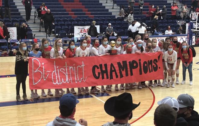 Holliday celebrates its bi-district championship following a 3-0 sweep of Eastland on Thursday, Oct. 29, in Graham. The Lady Eagles meet either Wall or Odessa Compass Academy in the area round. (Courtesy Holliday ISD Twitter)