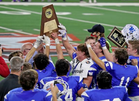 Windthorst celebrates it's 22-21 win over Mart Wednesday, Dec. 16, 2020, in the 2A Division II state championship at AT&T Stadium in Arlington. (Courtesy Photo//Lauren Roberts