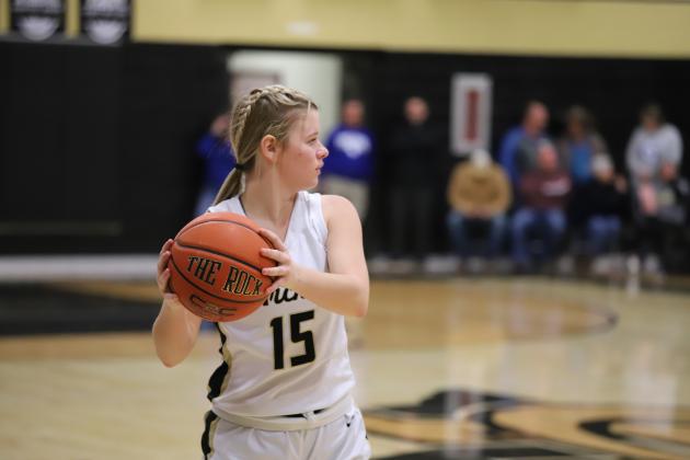Archer City's Addy Peters looks for an open teammate 