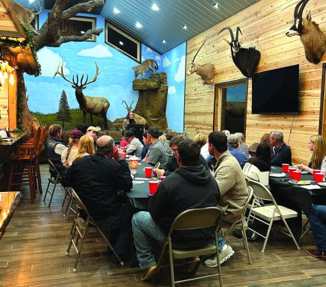 Maeley Herring Stroupe, Retention Specialist at TTU Davis College of Ag., shared about Leadership opportunities through Texas Farm Bureau at the Agriculture Leadership Dinner held at V-Tex Whitetail and Elk Ranch. Archer County 4-H officers and members as well as Windthorst FFA members were in attendance. Photo/Vanessa Parkey