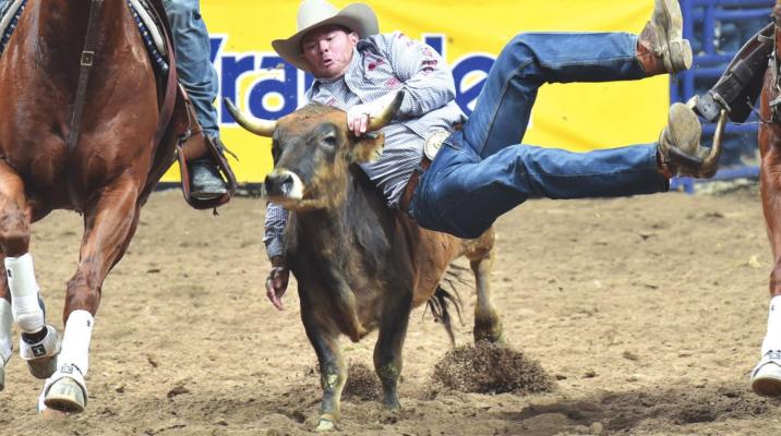 Archer County's Hunter Cure wrestles a steer during the 2019 National Finals Rodeo in Las Vegas. Cure, of Dundee, has two world championships in steer wrestling in 2013 and 2015. Courtesy photo/Dan Hubbelll, PRCA