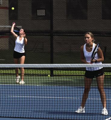 Brynlee Skelton (L) and Kassidy Marin (R) lost in the regional tournament to Detriot in three sets on Wednesday, May 8. Photo/Jenny Schroeder