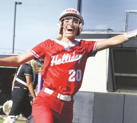 Payton Murray celebrates after scoring a run in Holliday’s series opening win on Friday, May 21, against Lamesa in Abilene. The Lady Eagles advanced to the regional finals for the first time in history where they meet district-rival Jacksboro for a trip to state. Photo/Will Edwards