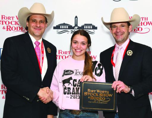 Bri Hoff won a $500 purchase certificate toward a beef or dairy heifer for a 4-H or FFA project for exhibition at next year’s Fort Worth Stock Show &amp; Rodeo. The certificate, presented by Stock Show Calf Scramble Committee Chairman, Paxton Motheral, was sponsored by Theo, shown, and Rachel Thompson. Courtesy photo/FWSSR