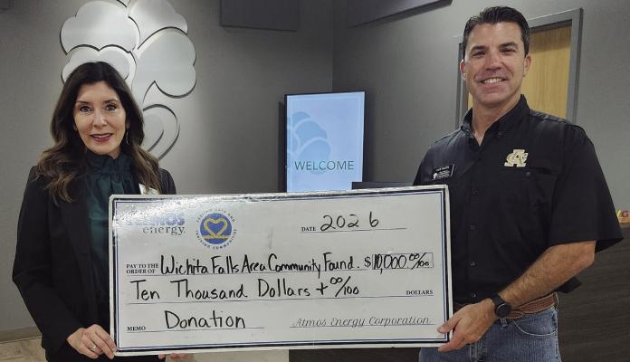 Atmos Energy partnered with the Wichita Falls Area Community Foundation, creating a grant for Volunteer Fire Departments of Archer, Baylor, Clay, Montague, Throckmorton, Wichita, Wilbarger, and Young Counties. The $10,000 donated will help used to help community heroes, is part of Atmos Energy's Fueling Safe and Thriving Communities Initiative. Pictured left to right: Atmos Energy Manager of Public Affairs Pam Hughes Pak and Wichita Falls Area Community Foundation President and CEO Jake Truette.