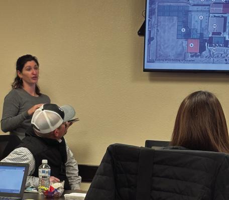 Performance Service's Jenna Shadowitz presents an option for renovations to the Archer City ISD Elementary School during the ACISD school board meeting on Monday, Jan. 20. Photo/Nathan Lawson