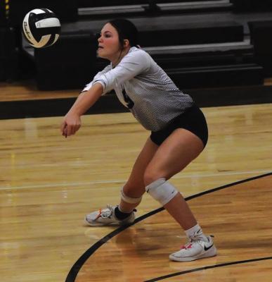 Archer City sophomore Brilee Canada moves for a dig in the Lady Cat’s 3-0 set sweep over the Petrolia Lady Pirates on Saturday, Oct. 26. Courtesy photo/Donna Williams
