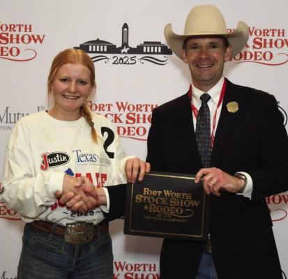 Ella Dora won a $500 purchase certificate toward a heifer for a 4-H or FFA project for exhibition at next year’s Fort Worth Stock Show &amp; Rodeo. The certificate, presented by Stock Show Calf Scramble Committee Chairman, Paxton Motheral, was sponsored by Amy and Byron Biggs. Courtesy photo/FWSSR