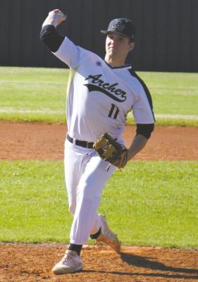 Justin Browning fires in a strike in the third inning of Archer City’s 20-0 win over Electra on Friday, March 19. Browning tossed a no-hitter with seven strikeouts in the three-inning affair. Photo/Will Edwards