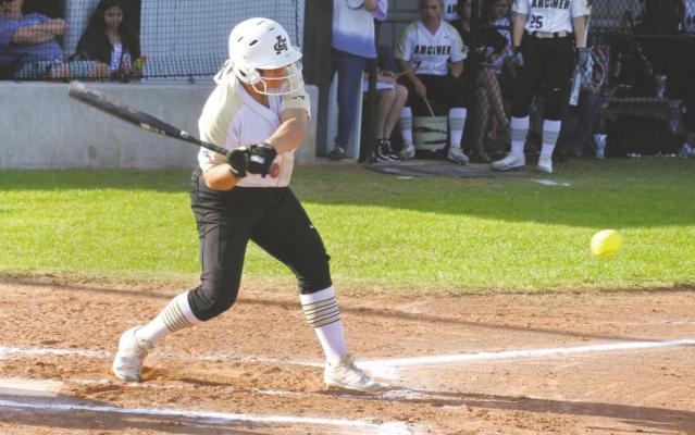 Maddie Lopez connects with a triple in the Lady Cats’ 15-0 win against Olney on Tuesday, March 16. Lopez went 3-for-3 with four RBI in the win over the Lady Cubs. Photo/Will Edwards