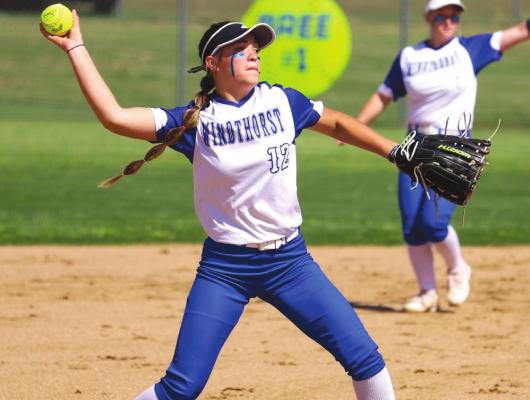 Windthorst’s Bri Hoff makes a throw to first for the out in the Trojanettes’ 12-0 win over Bryson on Tuesday, April 26. Photo/Will Edwards