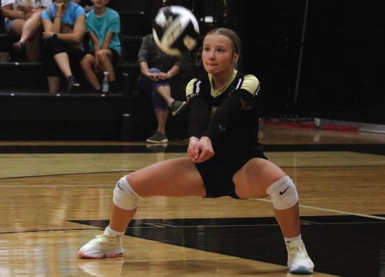 Archer City's Ashlyn Harvey comes up with a dig against the Jacksboro Tigerettes. Harvey led the team with 15 digs in the match. Photo/Landon Davis