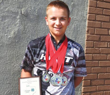 Holliday eighth grader Kreede Neal is the county’s newest state champion, winning the intermediate aided compound competition at the 2021 Texas 4-H Shooting Sports State Games in San Antonio. Photo/Will Edwards
