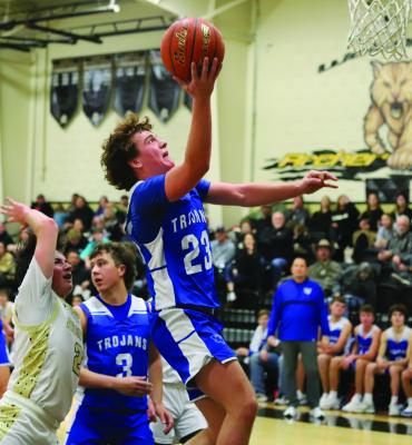 Windhorst’s Brock Belcher goes for a layup against the Archer City Wildcats on Tuesday, Jan. 7. Belcher finished with 12 points, all coming in the second half. Photo/Landon Davis