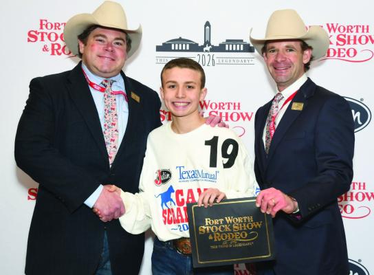 Kannon Hopkins, a FFA member of Windthorst FFA from Burkburnett, Texas, was awarded a $500 Calf Scramble purchase certificate at the 2026 Fort Worth Stock Show &amp; Rodeo sponsored by Bill Ratliff, IV. Courtesy photo/FWSSR