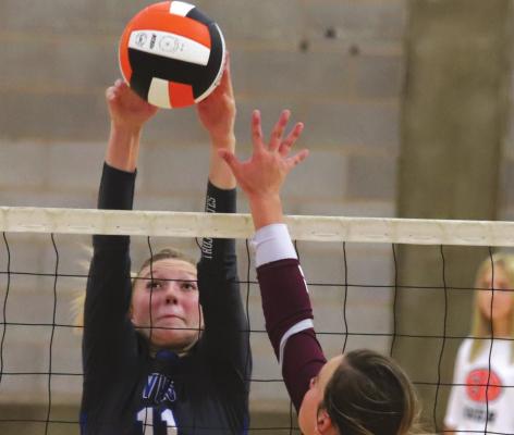 Windthorst sophomore Rylee Wolf blocks a shot in the Trojanettes’ 2-0 win over Vernon Northside at the Cool in Boomtown Tournament on Friday. Photo/Will Edwards