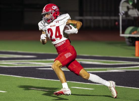 Holliday’s Paxton Pepps returns a kickoff in the Eagles’ 65-point blowout win over Valley View on Friday, Oct. 17.