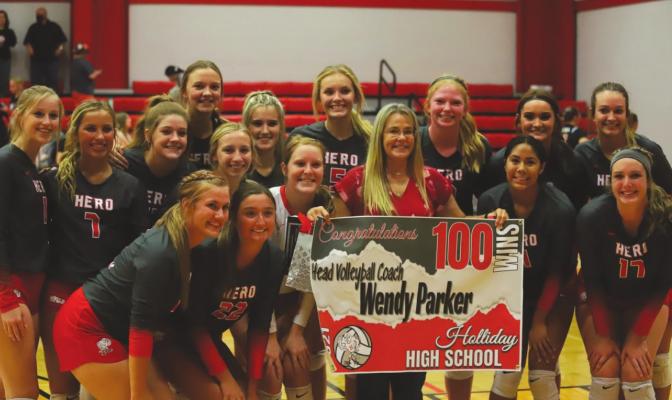 Holliday head coach Wendy Parker collected her 100th career victory following the Lady Eagles’ 3-0 win over Nocona on Tuesday, Sept. 21. Photo /Will Edwards