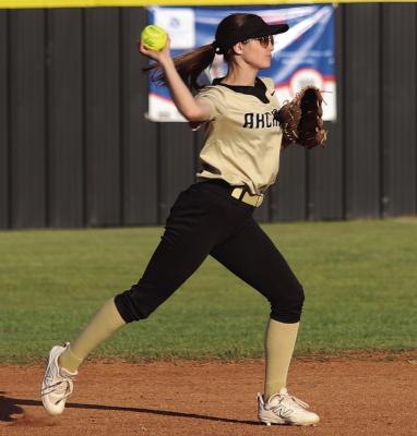Archer City second baseman Adelyn Harvey makes a throw to first in the Lady Cats’ 16-11 win over Windthorst on Tuesday, April 15. Photo/Landon Davis