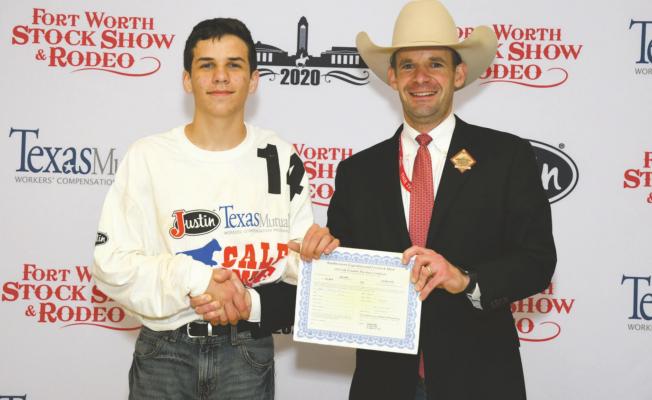 Clay Miller (left) is awarded a Calf Scramble purchase certificate at the 2020 Fort Worth Stock Show &amp; Rodeo by Calf Scramble Committeeman Paxton Motheral (right). Courtesy photo