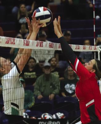 Holliday’s Katy Piper goes up for a block in the first set of the Lady Eagles’ 3-0 sweep of Breckenridge on Tuesday, Nov. 1, in Graham. Photo/Will Edwards