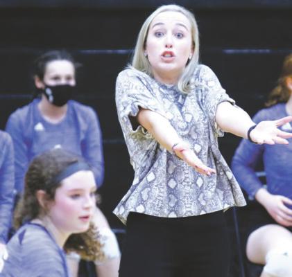 Lauren Castles, head volleyball coach at Wichita Christian, encourages a player to be in the correct position during the Stars’ state semifinal match against the Christ Academy Warriors on Nov. 17. Photo/Jenny Schroeder