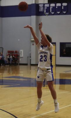 Sophomore guard Brock Belcher nailed a trio of three-pointers and a free throw in the Trojans’ 48-37 win over Nocona on Friday, Jan. 24. File photo