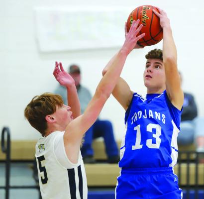 Windthorst's Brodie Belz puts up a shot during the Trojans 78-48 loss to Class 1A No. 5 Perrin-Whitt on Thurday, Jan. 4. Photo/Landon Davis