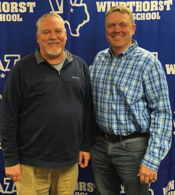 Ted West (left) was named the Windthorst ISD Interim Superintendent on Monday, March 20. Also pictured is Board President Chad Steinberger. Photo/Nathan Lawson