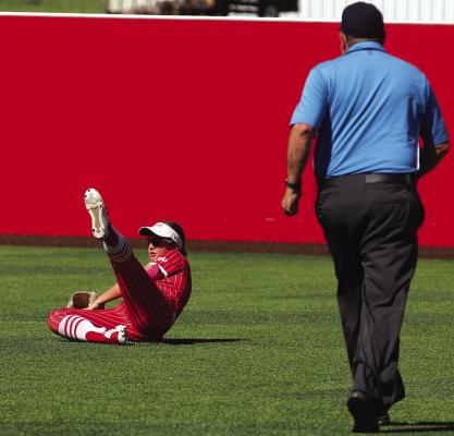 Lady Eagle centerfielder Kindle Marek makes the sliding grab in Holliday’s 24-4 clobbering over Eastland in the BI-District round on Friday, April 24. Photo/Landon Davis