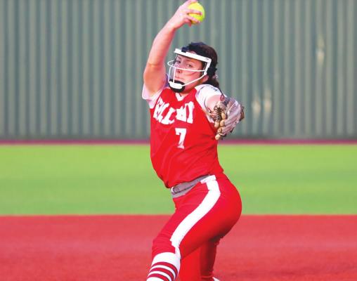 Holliday’s Addison Lindemann continues to rack up shutouts, tossing two more this past week to lead the Lady Eagles to a bi-district sweep of Peaster. Photo/Will Edwards