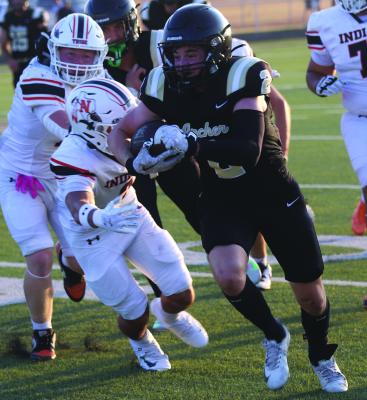 Archer City Senior Wideout Gage McCord found the endzone from 15-yards out against Olney. Pictured is McCord with the ball vs Nocona on Sept. 4. File photo