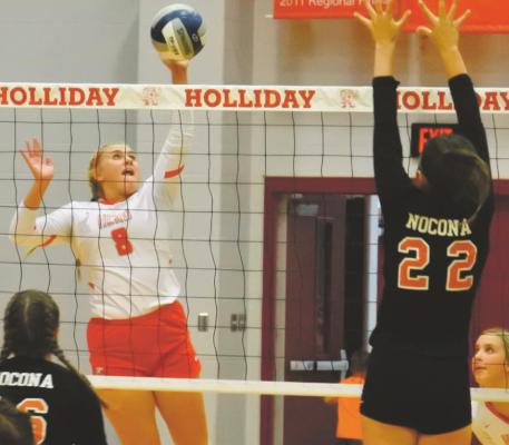 Holliday sophomore Sydney Linn attacks in the first set of the Lady Eagles’ 3-0 win over Nocona on Tuesday, Sept. 22. Photo/Will Edwards