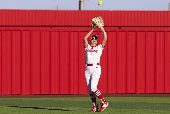Lady Eagle right fielder Jaci Shepherd makes the popup grab in Holliday’s district game versus Henrietta on Monday, March 17. Photo/Landon Davis