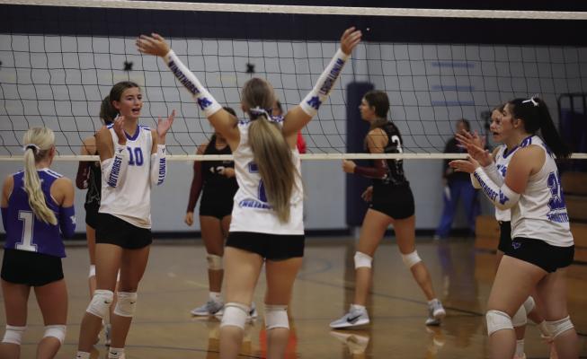 The Windthorst Trojanettes celebrate a point in their 2-0 (25-20, 25-8) win over the Vernon Lady Lions on Tuesday, Aug. 18. Photos/Rolando Medina