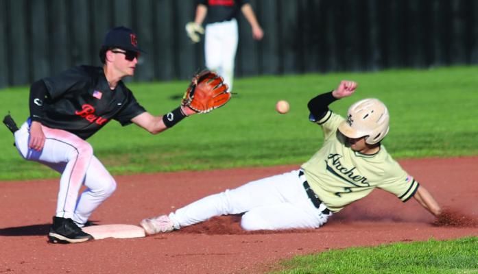 Wildcat senior Isaac Dieguez slides into second base during Archer City’s game against Pilot Point. The Wildcats finished the Nocona Baseball Tournament with a 3-0 record. Photo/Landon Davis