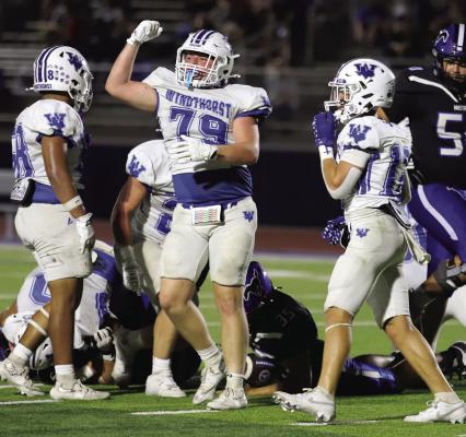 Windthorst Defensive Lineman Eddie Vieth celebrates following a stop during the Trojans victory over the City View Mustangs on Friday, Sept. 4. Photo/Rolando Medina