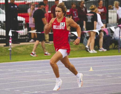Holliday long-distance star Noah Strohman swept golds in the 800, mile and two mile at the Region I-3A track and field championships in Abilene on Friday, April 18 and Saturday, April 19. Photo/Landon Davis