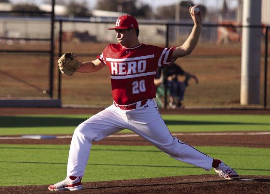 Holliday’s Logan Lindemann tosses a pitch against the Archer City Wildcats on Friday, Feb. 28. Lindemann finished the day with five strikeouts in four innings pitched. Photo/Landon Davis
