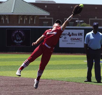 Senior second baseman Braylie Womack extends to make a grab on a line drive ball in Game 2 of the Area round series against Jim Ned on Saturday, May 3. Photo/Landon Davis