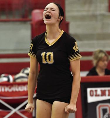 Archer City Outside Hitter Brilee Canada celebrates following a point in the Lady Cats 3-1 win over Olney on Saturday, Sept. 26.